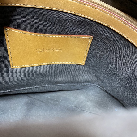 Calvin Klein Tan Leather Saddlebag Canvas Drawstring Woven Handled Bag Rare - Picture 10 of 11